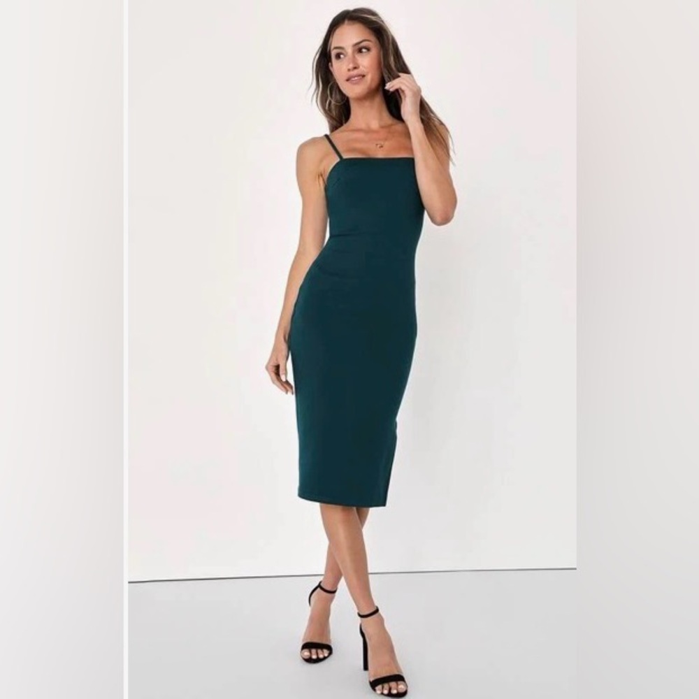 Lulu's Deep Teal Spaghetti-Strap Bodycon Midi Dress